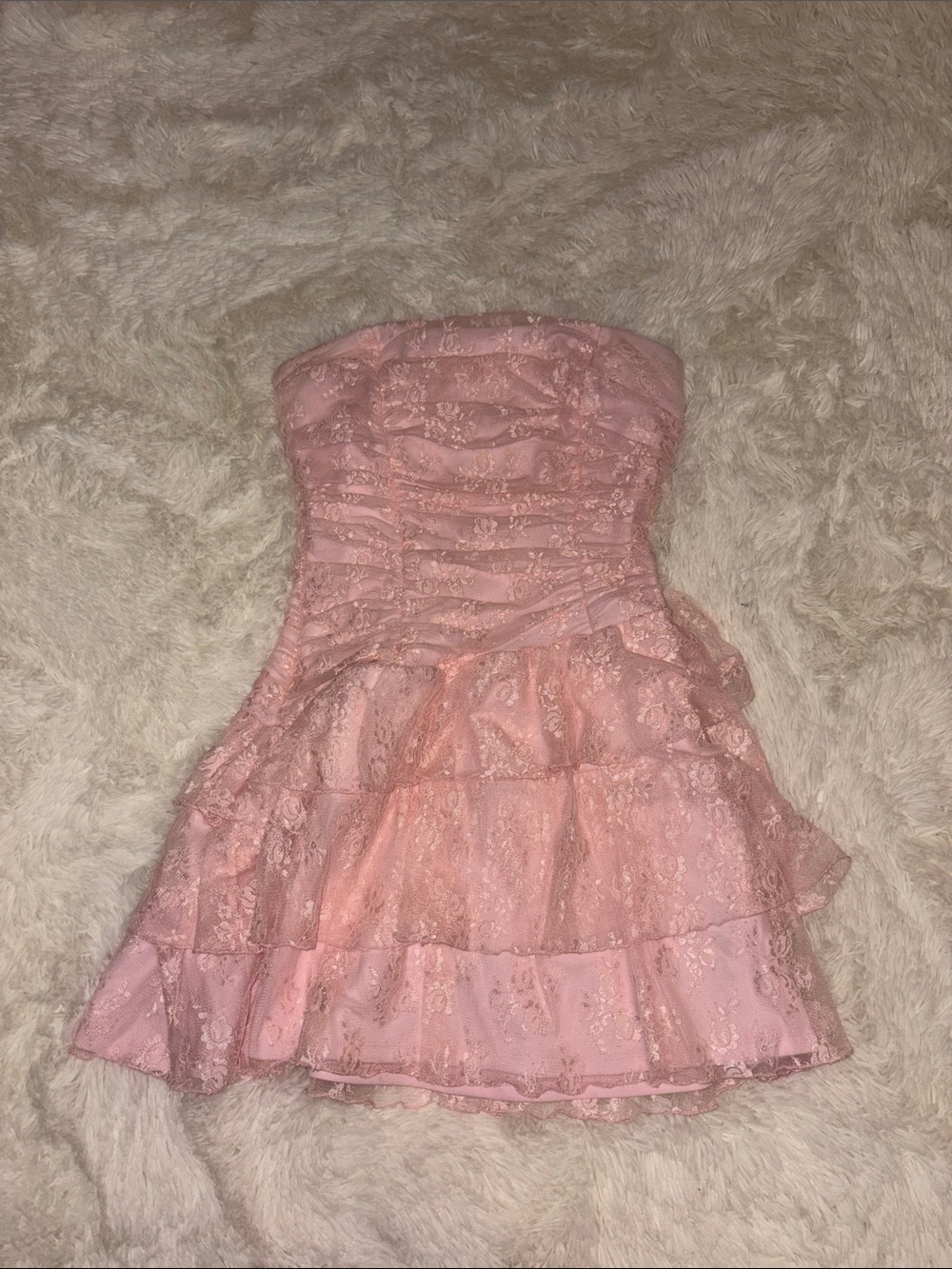 Strapless Pink Lace Ruffled Mini Windsor Dress
